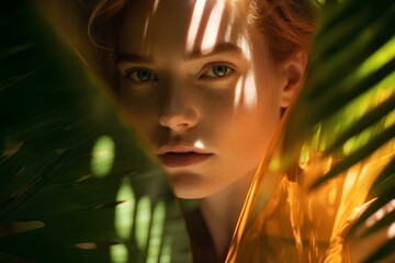 Portrait of a woman among tropical leaves.