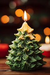 Closeup photo of carved burning candle in the shape of a Christmas tree, green color. 