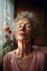 Closeup portrait of elderly woman with rosy freckled skin, with closed eyes, meditating.