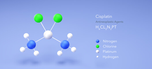 cisplatin molecule, molecular structures, chemotherapy medication, 3d model, Structural Chemical Formula and Atoms with Color Coding
