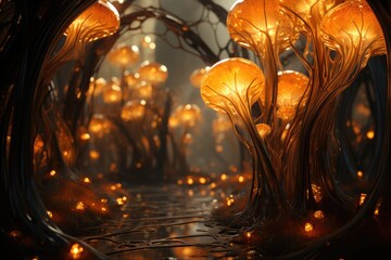 Mystical pathway lined with glowing, golden fantasy mushrooms in an enchanted forest setting, invoking wonder.