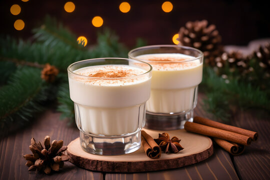 Homemade eggnog with cinnamon in glass on wooden table. Typical Christmas drink