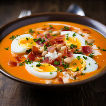 traditional spanish salmorejo soup with serrano ham and egg