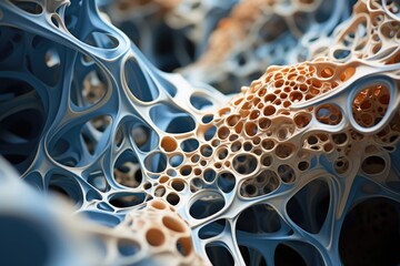 Close-up of a blue porous structure with golden particles, conveying a microcosmic landscape with intricate detail. - obrazy, fototapety, plakaty