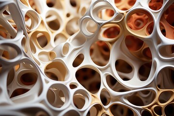 Organic of coral-like structures with porous textures and curling orange accents on a cream backdrop