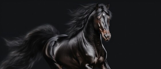 Obraz na płótnie Canvas Majestic Black Horse Galloping in the Dark Generative AI