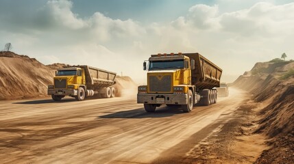 dump trucks unloading waste on a vast sanitary fill. Convey the environmental toll of outdated technology. - obrazy, fototapety, plakaty