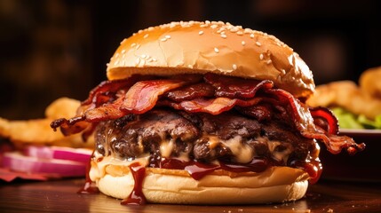 tasty bacon burger food photo illustration savory juicy, meat cheese, lettuce tomato tasty bacon burger food photo - obrazy, fototapety, plakaty