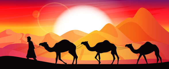 Bedouin in traditional wear with caravan camel travelling across sahara desert panoramic view with bloody red scenic sunset and sunrise, landscape, arabic sand dune. Summer travel. Vector illustration