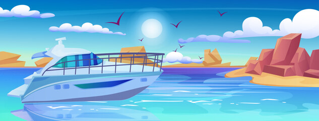 Cartoon yacht with closed cabin. Blue ocean. Sea, marine ship. Nautical transport. Island beach, coast with rock. Summer vacation. Holiday cruise, adventure journey. Vector illustration