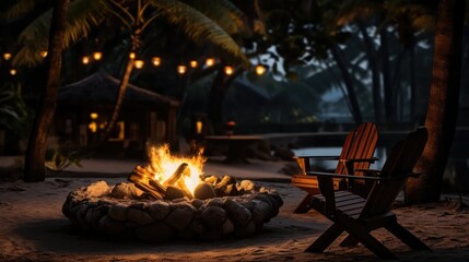 magic of a forest beach campfire with a cast iron fire pit. Bright flames mingle with light bulb garlands, offering a serene evening scene