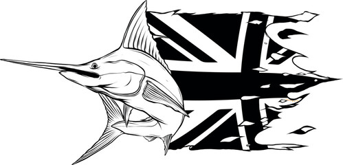 Simple minimalistic vector illustration of black and white swordfish - obrazy, fototapety, plakaty