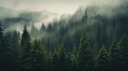 Dreamy Retro Forest Veiled in Mist