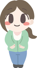 ミニキャラにデフォルメした、カジュアルな服装の笑顔の成人女性の全身イラスト