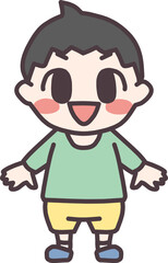 ミニキャラにデフォルメした、カジュアルな服装の笑顔の男の子の全身イラスト