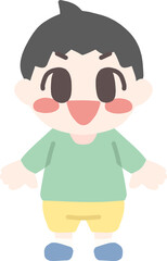 ミニキャラにデフォルメした、カジュアルな服装の笑顔の男の子の全身イラスト