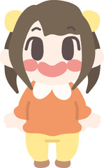 ミニキャラにデフォルメした、カジュアルな服装の笑顔の女の子の全身イラスト