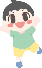 ミニキャラにデフォルメした、カジュアルな服装の笑顔の男の子の全身イラスト