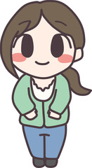 ミニキャラにデフォルメした、カジュアルな服装の笑顔の成人女性の全身イラスト