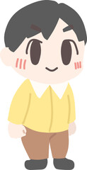 ミニキャラにデフォルメした、黄色いシャツを着た笑顔の成人男性の全身イラスト