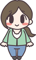 Obraz premium ミニキャラにデフォルメした、カジュアルな服装の笑顔の成人女性の全身イラスト