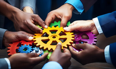 Business People holding Gears and Teamwork Concept, Business team connect pieces of gears. Teamwork, partnership and integration concept, ai generated photo