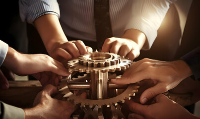 Business People holding Gears and Teamwork Concept, Business team connect pieces of gears. Teamwork, partnership and integration concept, ai generated photo - obrazy, fototapety, plakaty