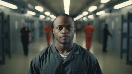 African American Prison Guard Secures Cells with Incarcerated Prisoners in Corridor - obrazy, fototapety, plakaty