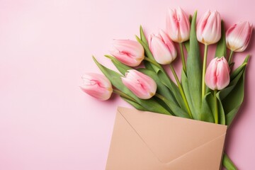A Beautiful Bouquet of Pink Tulips Wrapped in a Rustic Brown Envelope on a Pink Background.