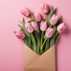 A Beautiful Bouquet of Pink Tulips Wrapped in a Rustic Brown Envelope on a Pink Background.