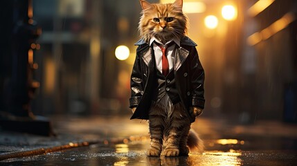 Stylish cat walking on wet street