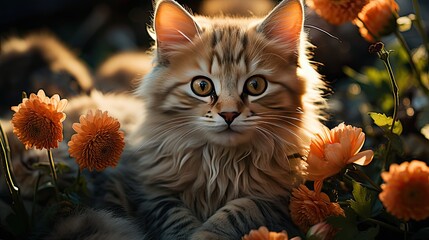 Beautiful kitten surrounded by flowers