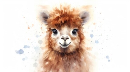 Adorable Fluffy Alpaca in Watercolor - A Cute and Whimsical Graphic of an Alpaca with Large Eyes on a White - obrazy, fototapety, plakaty