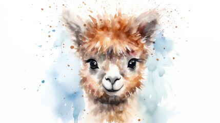 Adorable Watercolor Alpaca with Big Eyes Drinking Water on a White Background.