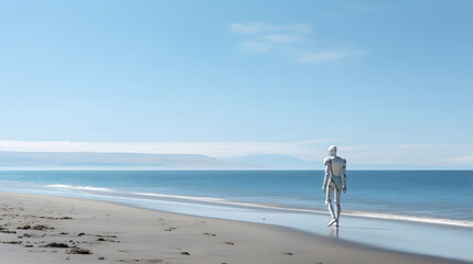Futuristic humanoid robot walking solitary on the wet shore of an empty beach, with the blue water of the sea meeting the clear sky at the horizon. Long shot with ample copy space.