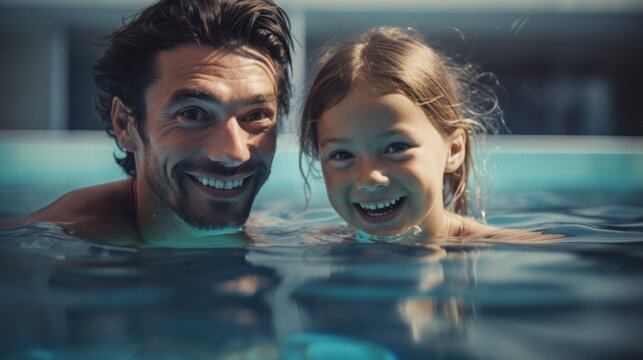 Advanced aquatic education for grown-ups, Impromptu snapshot of a juvenile female with a swimming tutor in a basin, Demonstrating the captivating progression of acquiring