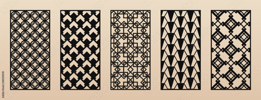 Aufkleber Laser cut, CNC cutting patterns set. Abstract vector geometric ornaments with thin grid, lattice, net. Modern arabesque style. Cutting stencil for wood panel, metal, plastic, paper. Aspect ratio 1:2