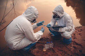 Scientists or biologists wearing protective uniforms working together on water...