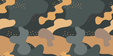Abstract vector seamless pattern with chaotic spots, blots, dots, organic shapes. Trendy minimal doodle style background in warm autumn-winter colors. Childish hand drawn texture. Modern repeat design