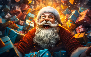 Jolly Santa Claus Overflowing with Joy Amidst a Sea of Colorful Wrapped Christmas Gifts, Bringing the Festive Spirit of Giving. - obrazy, fototapety, plakaty