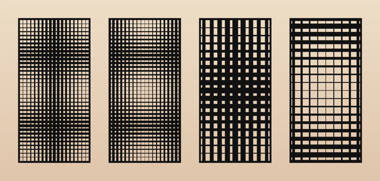 Laser cut panel set. Collection of vector abstract geometric patterns with square halftone grid, lines, gradient transition. Decorative stencil for CNC cutting of wood, metal, paper. Aspect ratio 1:2