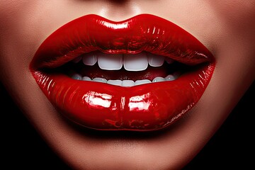 Fototapeta premium Passionate pout. Detailed close up of attractive lips enhanced with vibrant red lipstick achieving luxurious and glamorous appearance