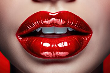 Passionate pout. Detailed close up of attractive lips enhanced with vibrant red lipstick achieving...