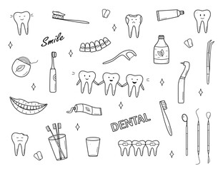 Dentistry set of doodle icons. Vector illustration of elements for the treatment and care of teeth. Dentist's tools. Teeth with emotions.