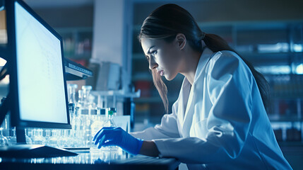 female scientist working in lab - obrazy, fototapety, plakaty