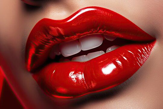 Passionate pout. Detailed close up of attractive lips enhanced with vibrant red lipstick achieving luxurious and glamorous appearance