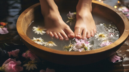 Woman soaking her feet in bowl with water stones