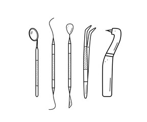 Dentist tools icons doodle. Vector illustration of elements of dentistry for the treatment and care of teeth.