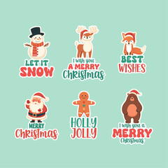 Cute Christmas characters badges, stickers set with quotes. Let it snow, I wish you a merry Christmas, Best wishes, Merry Christmas, Holly Jolly.



