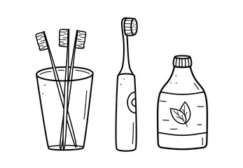Doodle icons for oral and dental care. Vector illustration of toothbrushes, mouthwash.